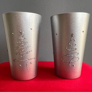 Three Sets of Silver Holiday Candles embellished with Glitter Trees-6 Candles.